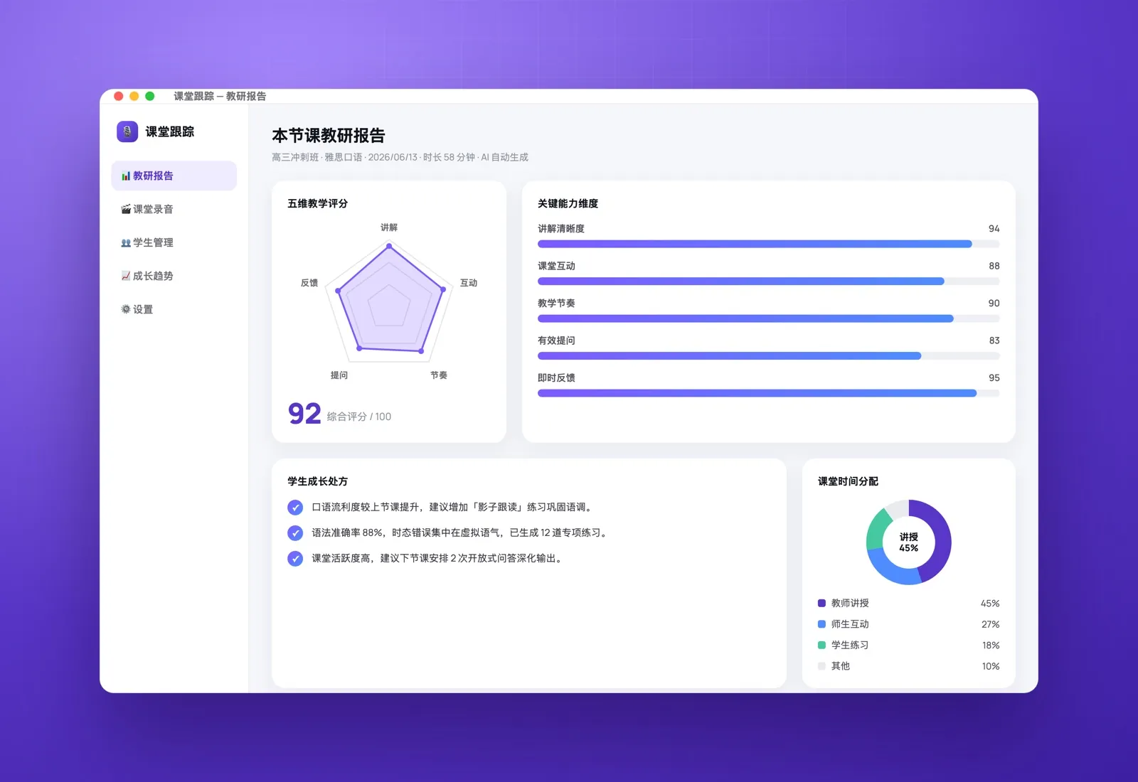 课堂跟踪 教研报告界面